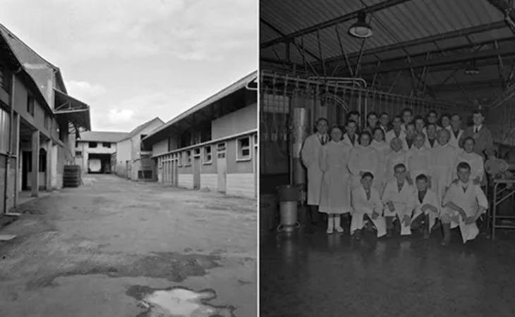 The first team and the first “Lambert Volailles” premises on rue Pasteur in Sablé-sur-Sarthe.