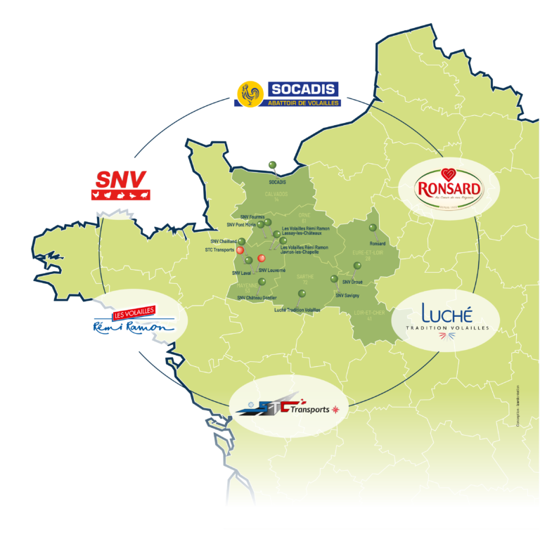 Carte de la normandie avec les sociétés du pôle Volena